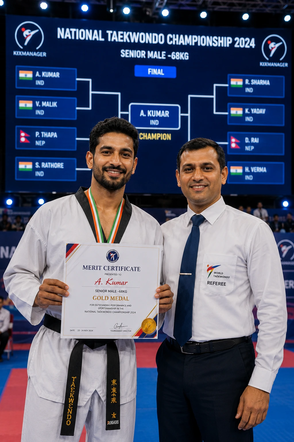 Taekwondo athlete in blue headgear clenching fists in victory at an arena